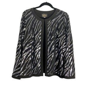 BOB MACKIE SEQUIN Wearable‎ Art blouse TOP  SILVER BLACK STRIPES SZ L CAR…